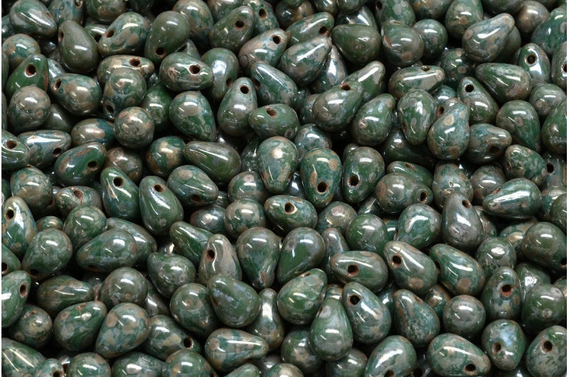 ドロップビーズ、不透明グリーンピカソ（53240-43400）、ガラス、チェコ共和国