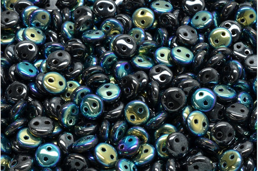 2 Hole Lentil Beads, Black Hematite Ab (23980-14400-28701), Glass, Czech Republic