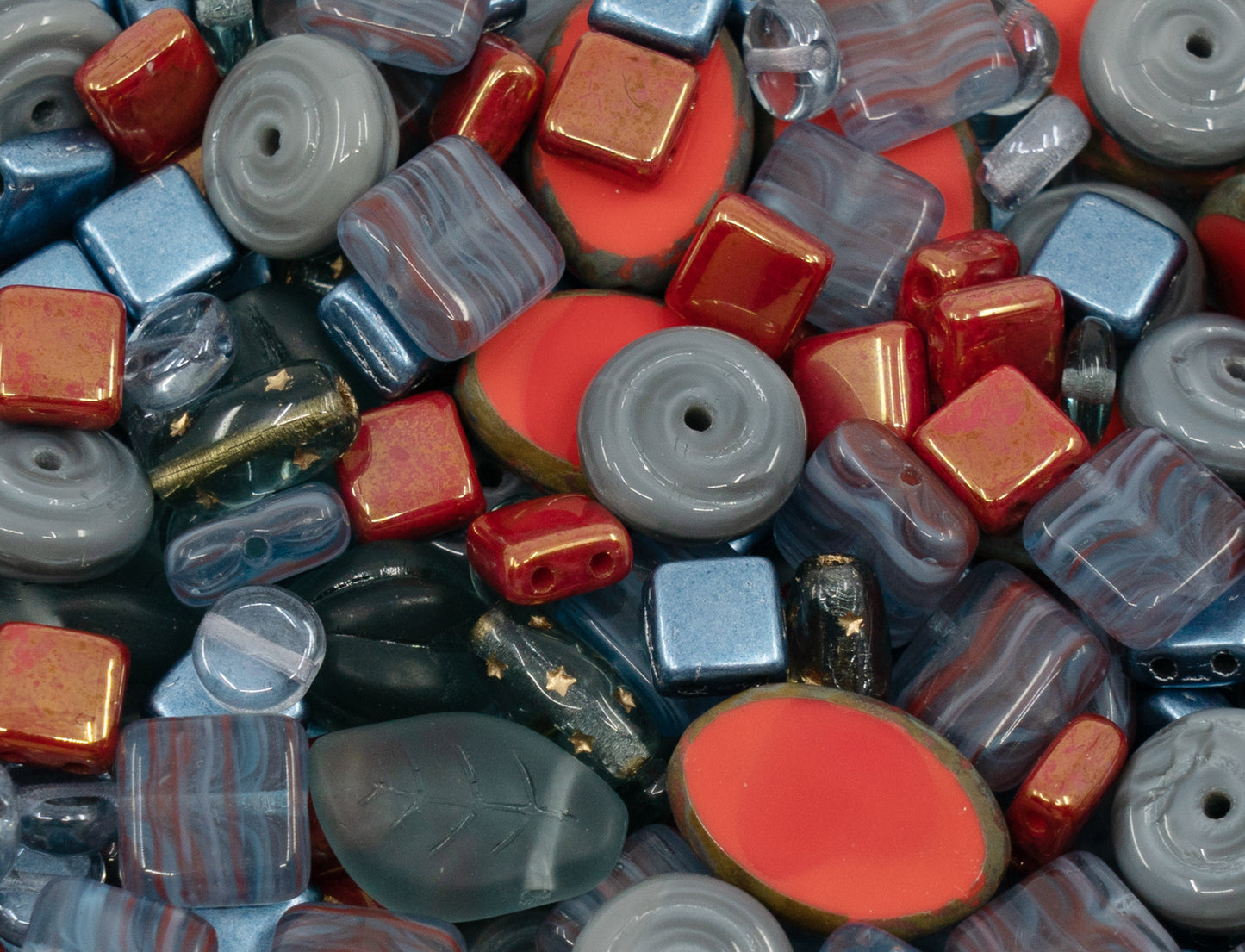 LIMITED Mix of Czech Glass Beads Table Cut, Matte and Glossy, Faceted Fire Polish, Hand Made Set Kit, Gray Coral Lava