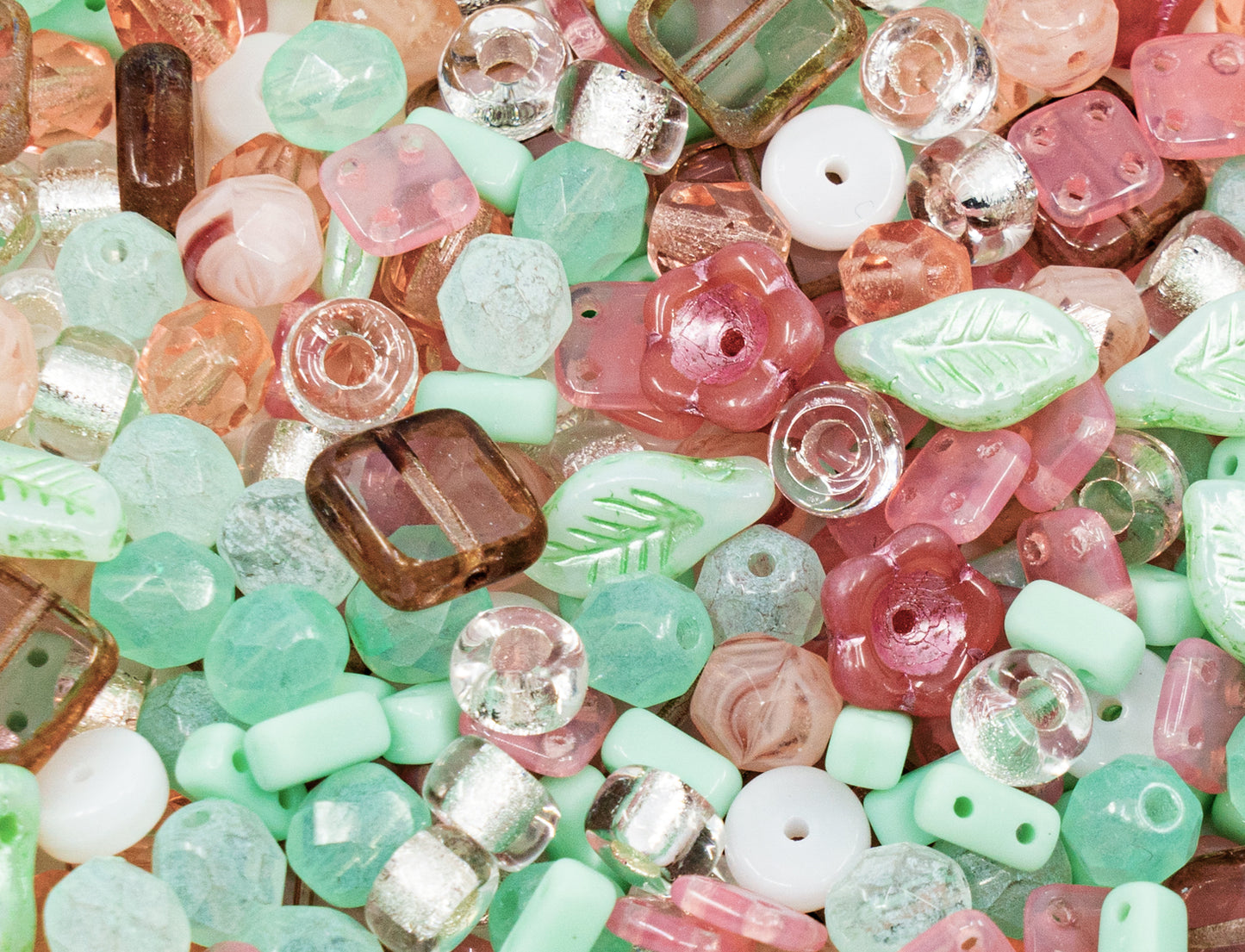 限定チェコガラスビーズミックス、マット＆グロッシー、ファセットファイヤーポリッシュ、ハンドメイドセットキット、ペールグリーンピンク