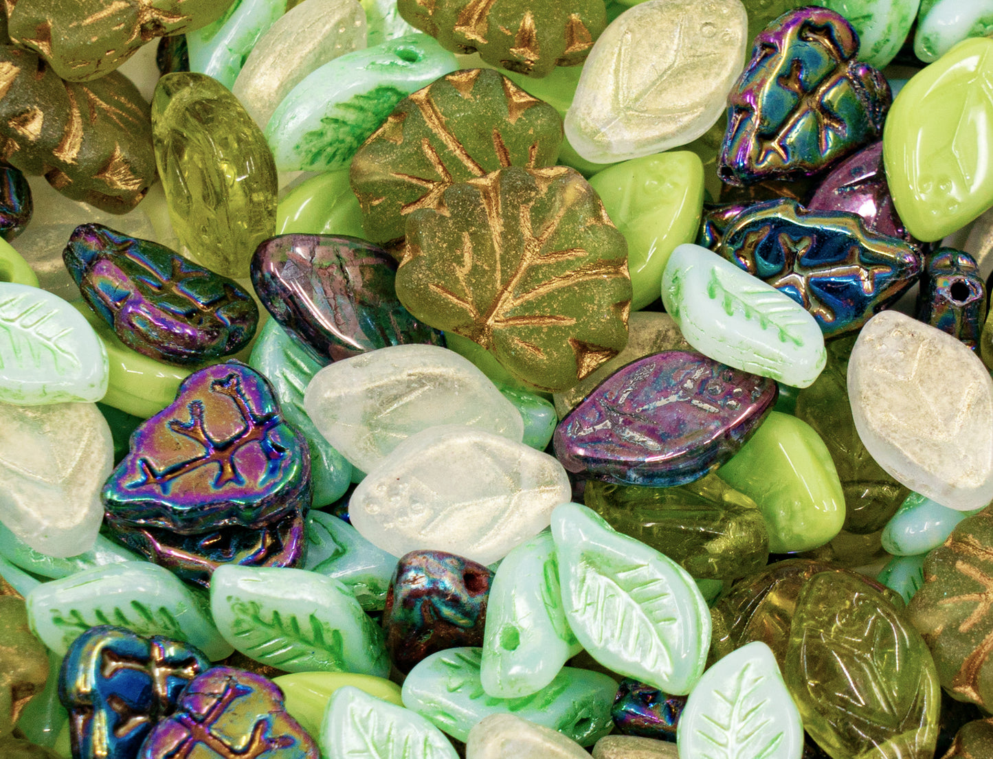 Summer Mix of Small Czech Glass Leaf Beads, Hand Made Set Kit, Leaves 01