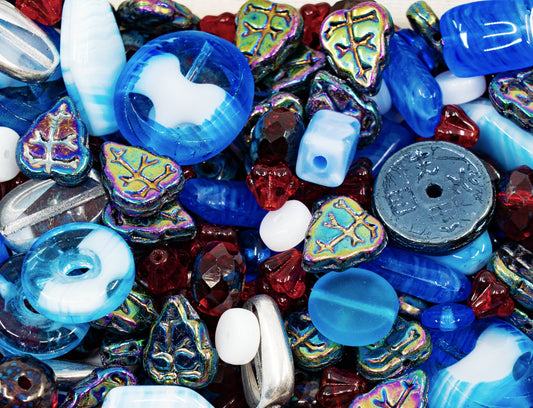 限定チェコガラスビーズテーブルカット、マットと光沢、ファセットファイヤーポリッシュ、ハンドメイドセットキット、ブルーレッドホワイトチェコ