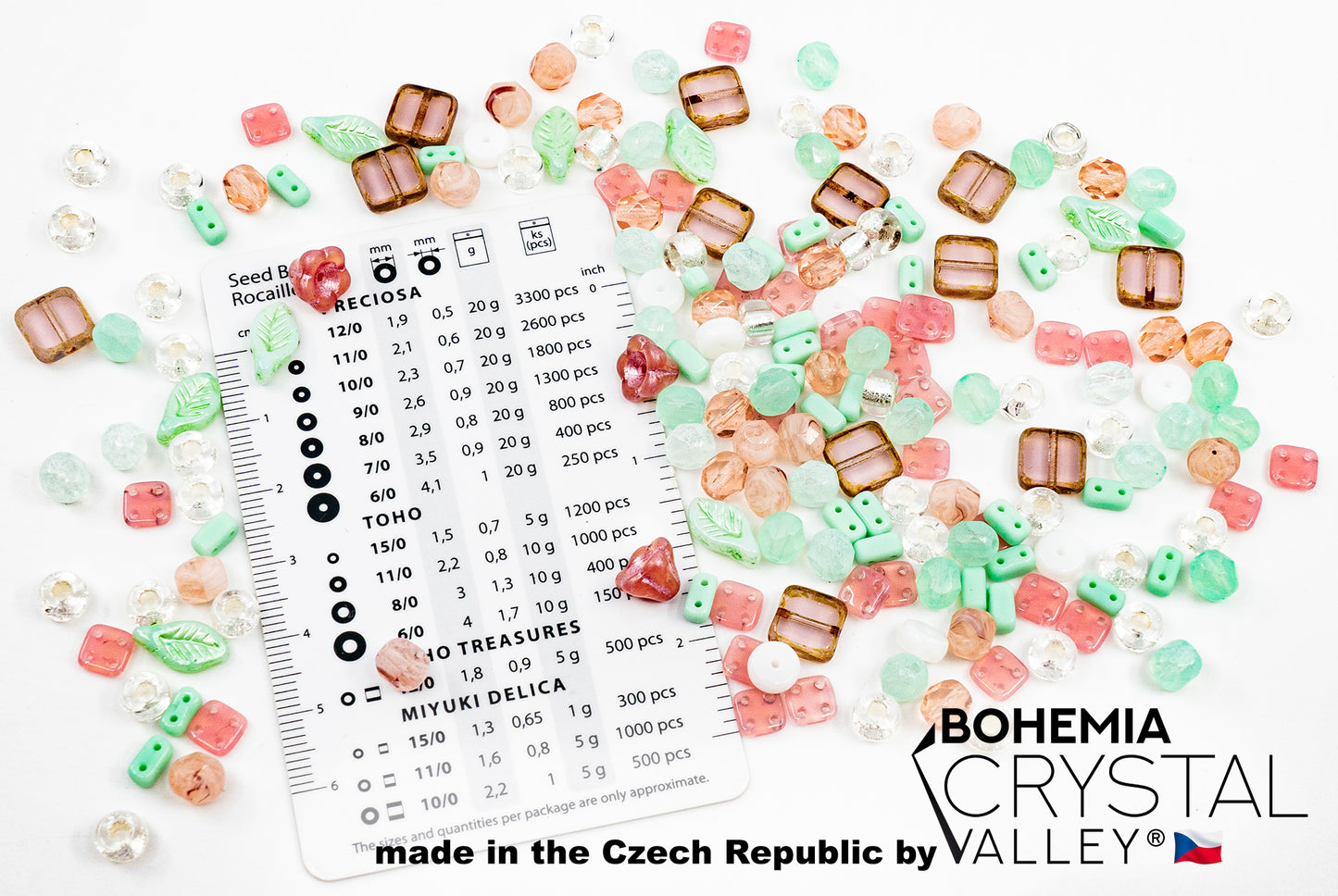 限定チェコガラスビーズミックス、マット＆グロッシー、ファセットファイヤーポリッシュ、ハンドメイドセットキット、ペールグリーンピンク