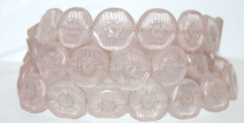 Table Cut Round Beads With Flower, 8701 Luster Cream (8701 14401), Glass, Czech Republic