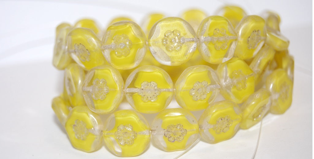 Table Cut Round Beads With Flower, 86038 Luster Cream (86038 14401), Glass, Czech Republic