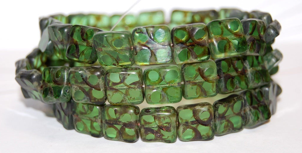 Table Cut Square Beads, Transparent Green Travertin (50020 86800), Glass, Czech Republic