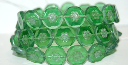 Table Cut Round Beads With Flower, Transparent Green Luster Cream (50020 14401), Glass, Czech Republic