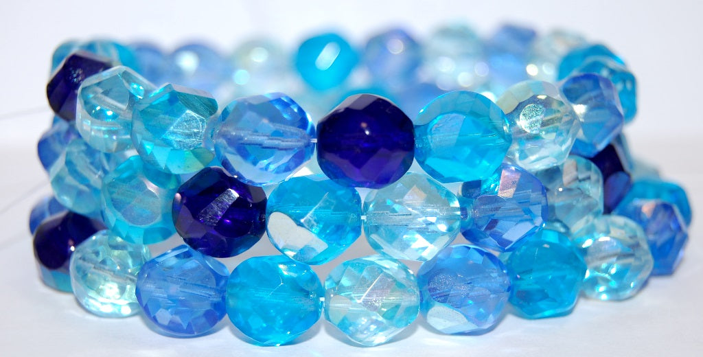 Blind Spiral Faceted Fire Polished Glass Beads, Blue Mixed Colors (Blue Mix), Glass, Czech Republic