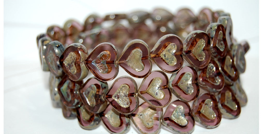 Table Cut Heart Beads With Heart, Transparent Light Amethyst 43400 (20020 43400), Glass, Czech Republic