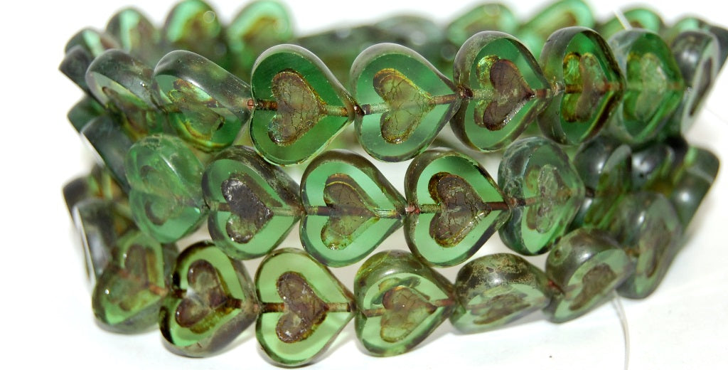 Table Cut Heart Beads With Heart, Transparent Green Travertin (50010 86800), Glass, Czech Republic