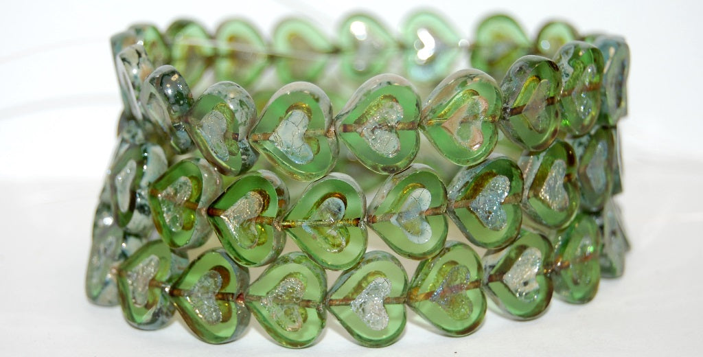 Table Cut Heart Beads With Heart, Transparent Green 43400 (50010 43400), Glass, Czech Republic