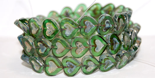 Table Cut Heart Beads With Heart, Transparent Green 43400 (50020 43400), Glass, Czech Republic