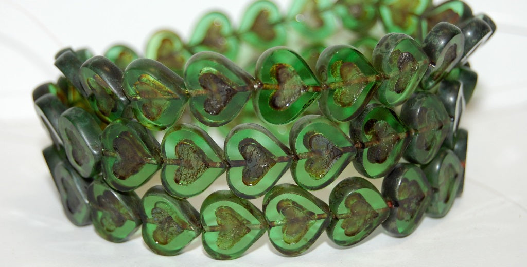 Table Cut Heart Beads With Heart, Transparent Green Travertin (50020 86800), Glass, Czech Republic