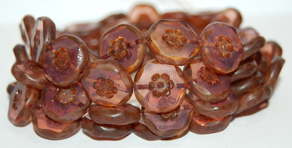 Table Cut Round Beads With Flower, Opal Pink Travertin (71010 86800), Glass, Czech Republic