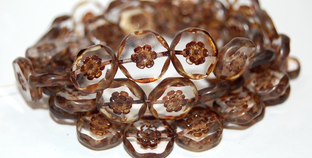 Table Cut Round Beads With Flower, Crystal Travertin (30 86800), Glass, Czech Republic