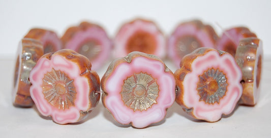 Table Cut Round Beads Hawaii Flowers, Opaque Pink 43400 (73010 43400), Glass, Czech Republic