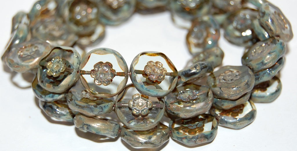 Table Cut Round Beads With Flower, Transparent Blue 43400 (30010 43400), Glass, Czech Republic