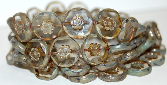 Table Cut Round Beads With Flower, Gray 43400 (40010 43400), Glass, Czech Republic