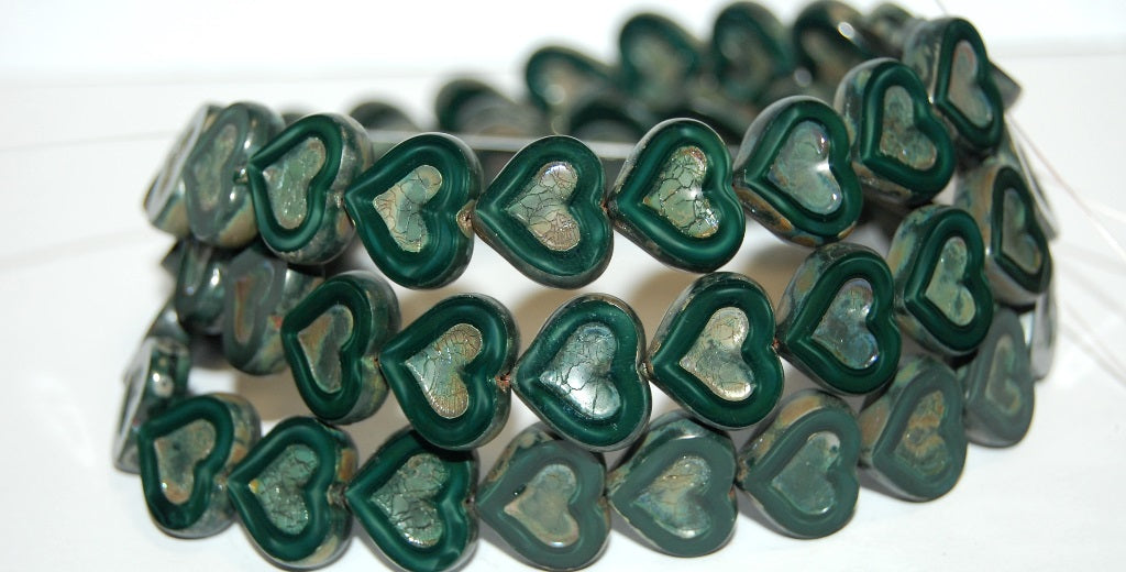 Table Cut Heart Beads With Heart, Opaque Green 43400 (54120 43400), Glass, Czech Republic