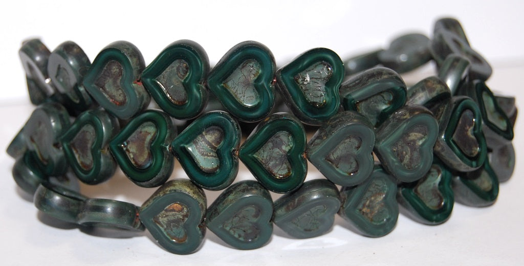 Table Cut Heart Beads With Heart, Opaque Green Travertin (54120 86800), Glass, Czech Republic