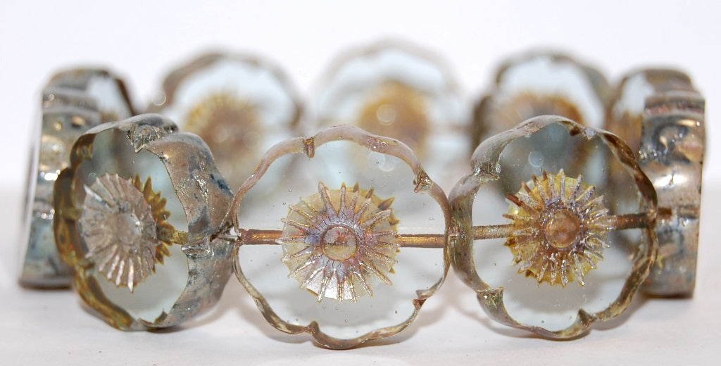 Table Cut Round Beads Hawaii Flowers, Transparent Blue 43400 (30010 43400), Glass, Czech Republic