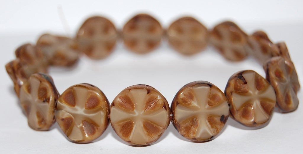 Table Cut Round Beads With Cross, 14010 Travertin (14010 86800), Glass, Czech Republic