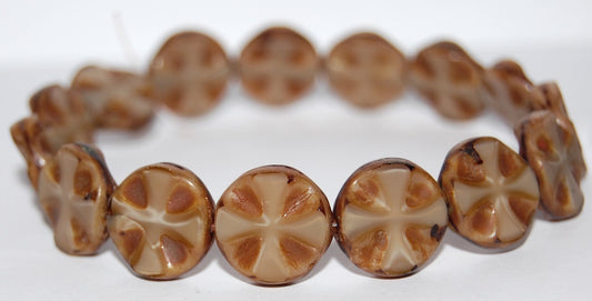 Table Cut Round Beads With Cross, 14010 Travertin (14010 86800), Glass, Czech Republic
