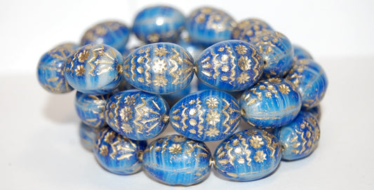 Oval Egg With Decor Pressed Glass Beads, Opaque White Blue Striped 54202 (35000 54202), Glass, Czech Republic