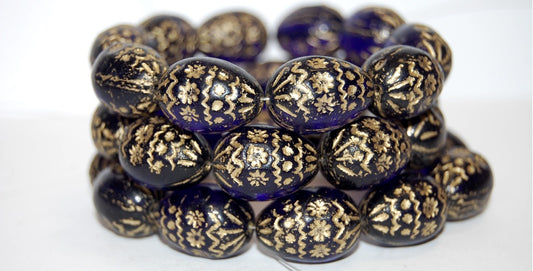 Oval Egg With Decor Pressed Glass Beads, Transparent Blue 54202 (30090 54202), Glass, Czech Republic