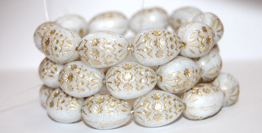 Oval Egg With Decor Pressed Glass Beads, White 54202 (2010 54202), Glass, Czech Republic