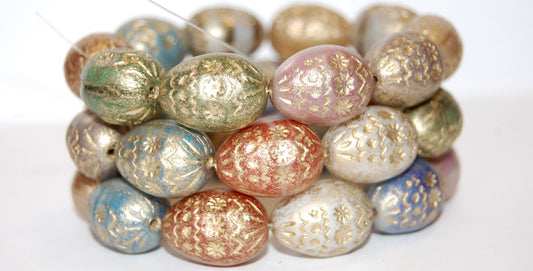 Oval Egg With Decor Pressed Glass Beads, Mixed Colors Color Gold (Mix Color Gold), Glass, Czech Republic