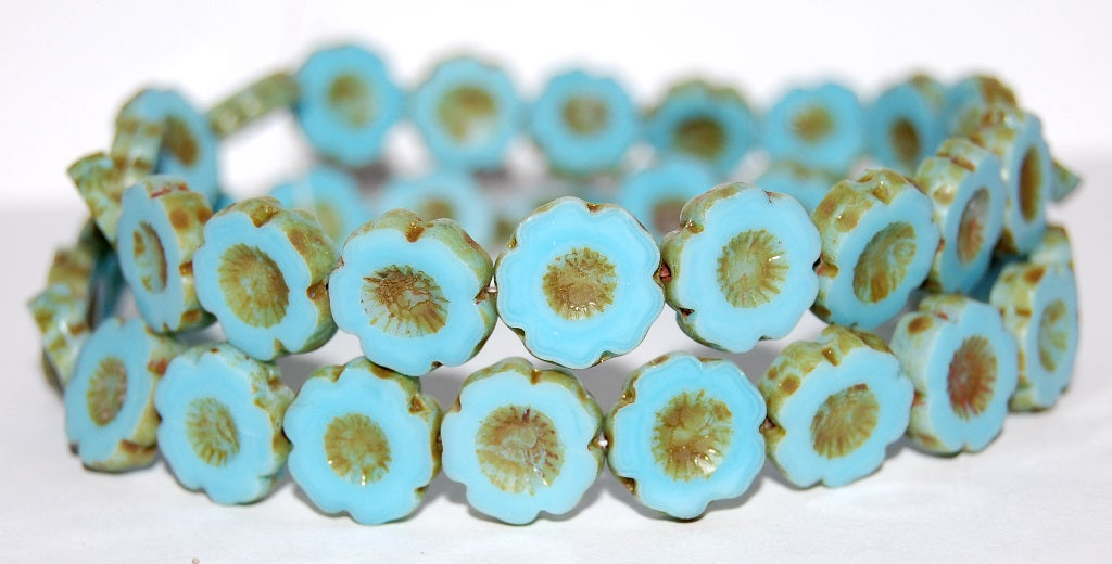 Table Cut Round Beads Hawaii Flowers, Turquoise Blue Travertin (63030 86800), Glass, Czech Republic