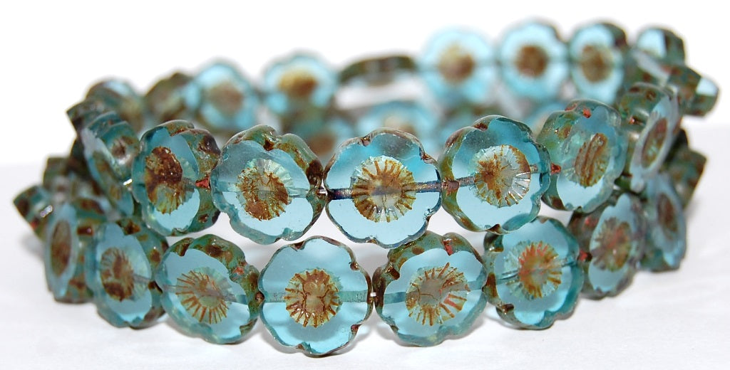 Table Cut Round Beads Hawaii Flowers, Transparent Aqua Travertin (60020 86800), Glass, Czech Republic