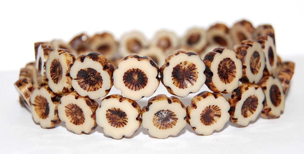 Table Cut Round Beads Hawaii Flowers, Beige Travertin (13020 86800), Glass, Czech Republic