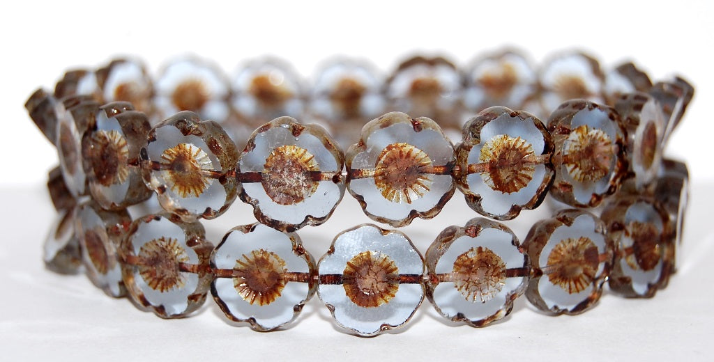 Table Cut Round Beads Hawaii Flowers, Transparent Blue Travertin (30020 86800), Glass, Czech Republic