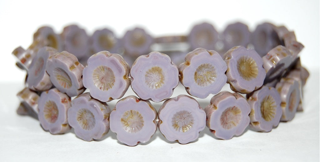 Table Cut Round Beads Hawaii Flowers, Opaque Amethyst Travertin (23030 86800), Glass, Czech Republic