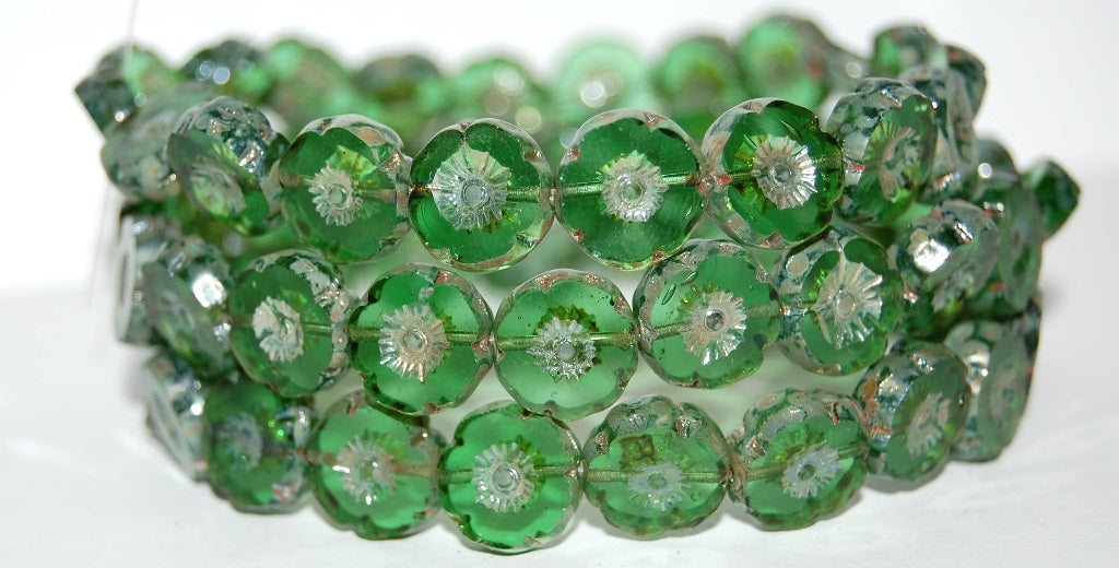 Table Cut Round Beads Hawaii Flowers, Transparent Green 43400 (50020 43400), Glass, Czech Republic