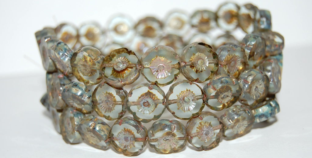 Table Cut Round Beads Hawaii Flowers, Transparent Blue 43400 (30010 43400), Glass, Czech Republic