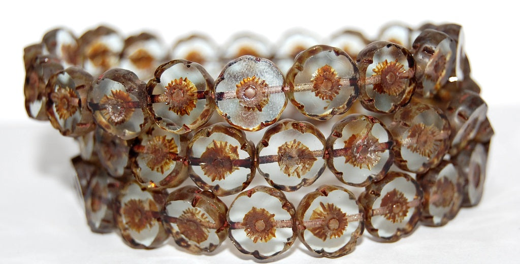 Table Cut Round Beads Hawaii Flowers, Transparent Blue Travertin (30010 86800), Glass, Czech Republic