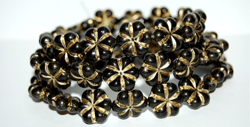 6-Petal Flower Pressed Glass Beads, Black Gold Lined (23980-54202), Glass, Czech Republic