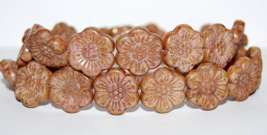 Flower Pressed Glass Beads, White Stain With Luster Red (02010-65491), Glass, Czech Republic