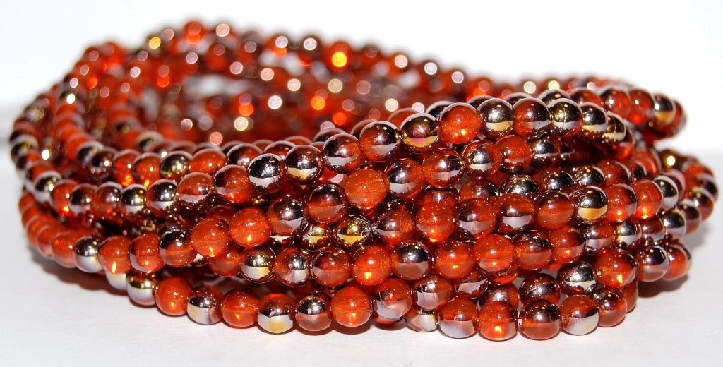 Round Pressed Glass Beads Druck, Transparent Orange Rose Gold Capri (90020-27101), Glass, Czech Republic