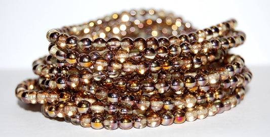 Round Pressed Glass Beads Druck, Transparent Yellow Rose Gold Capri (80120-27101), Glass, Czech Republic