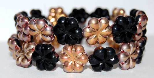 6-Petal Flower Pressed Glass Beads, Black Rose Gold Capri (23980-27101), Glass, Czech Republic