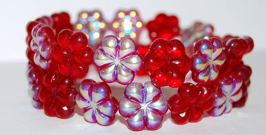 6-Petal Flower Pressed Glass Beads, Ruby Red Ab (90080-AB), Glass, Czech Republic