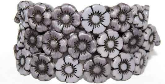 Round Flat Flower Pressed Glass Beads, Mixed Colors Purple Black Lined (MIX-PURPLE-23202), Glass, Czech Republic