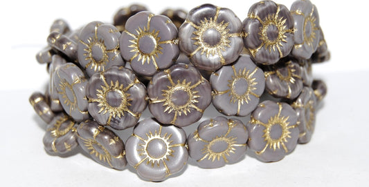 Round Flat Flower Pressed Glass Beads, Mixed Colors Purple Gold Lined (MIX-PURPLE-54202), Glass, Czech Republic