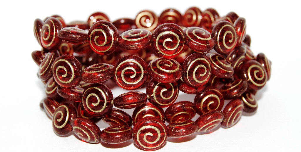 Round Flat Snail Pressed Glass Beads, Transparent Red Gold Lined (90060-54202), Glass, Czech Republic