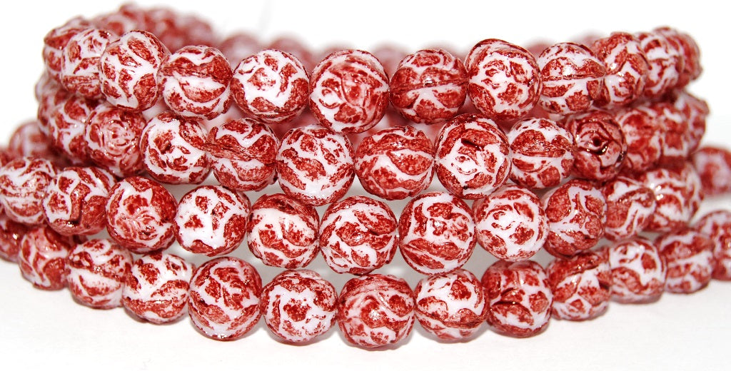 Round Rose Pressed Glass Beads, White R (02010-R), Glass, Czech Republic