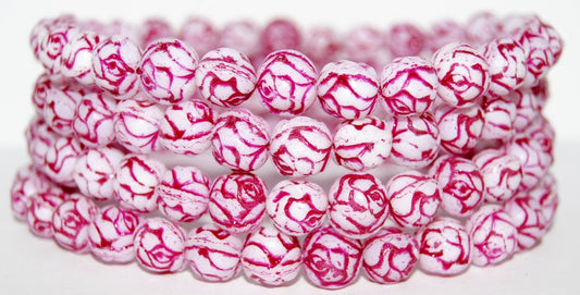 Round Rose Pressed Glass Beads, White P (02010-P), Glass, Czech Republic